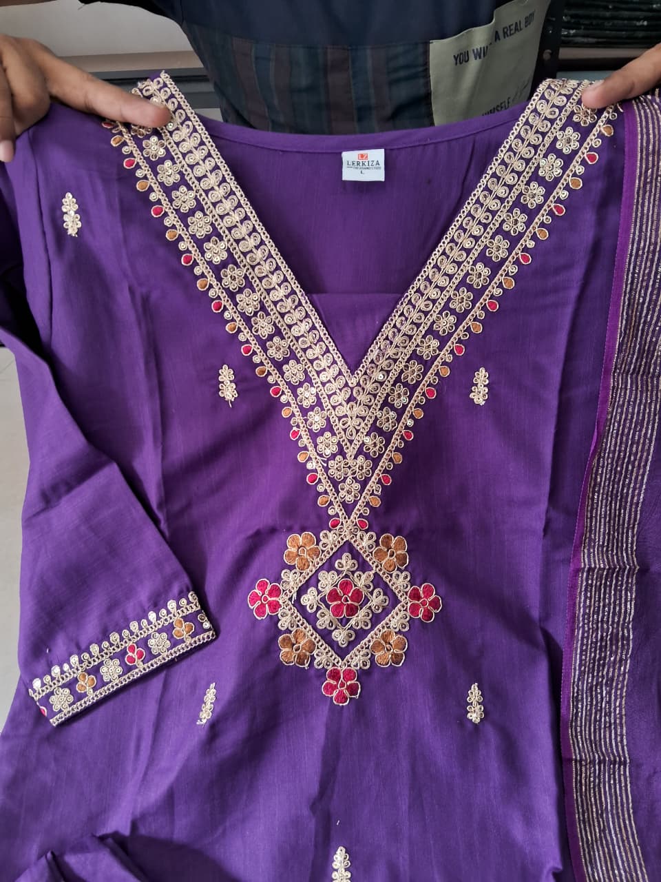 Regular Wear Wine Cottton Embroidered Kurti Set