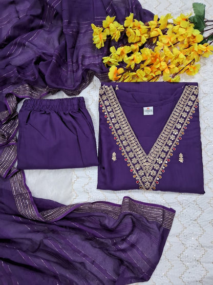 Regular Wear Wine Cottton Embroidered Kurti Set