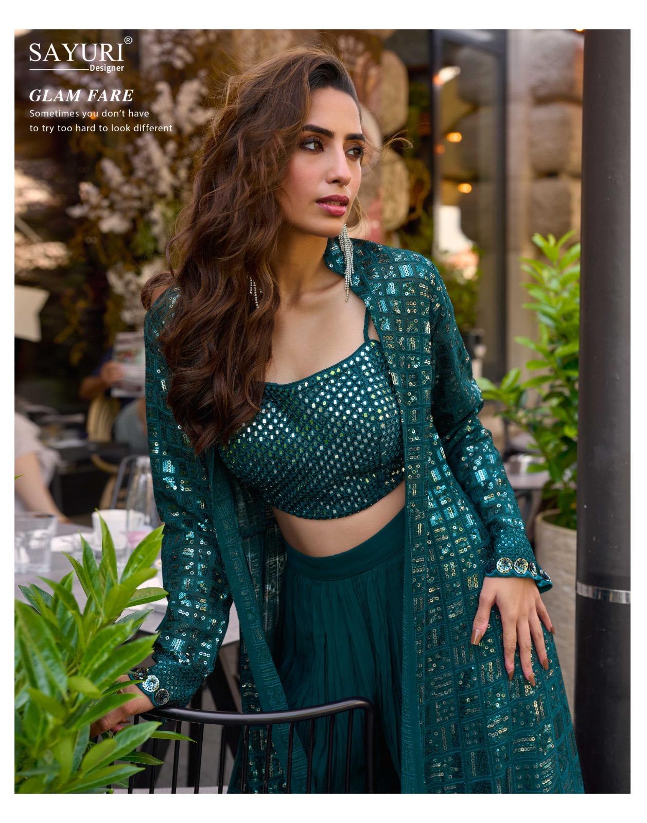 Teal Georgette Printed Jacket and Crop Top Set