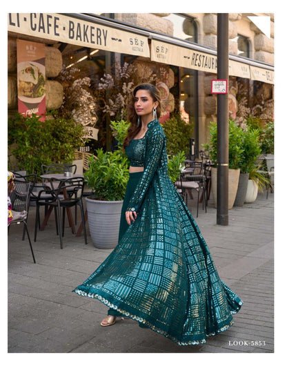 Teal Georgette Printed Jacket and Crop Top Set