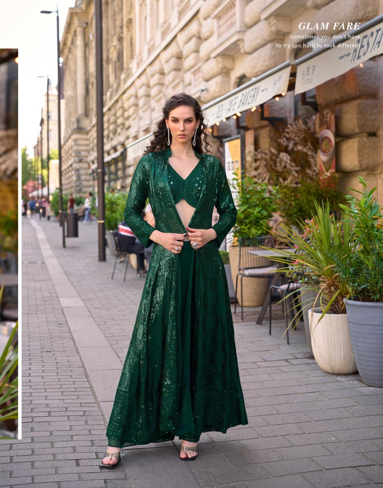Emerald Green Sequined Jacket and Palazzo Set