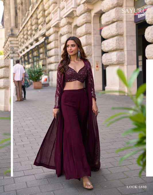 Maroon Sequin Crop Top with Palazzo & Long Shrug Set