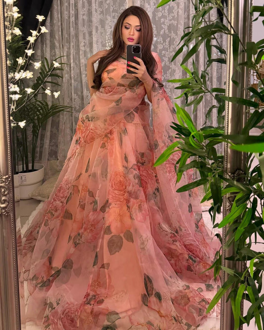 Peach Floral Printed Organza Lehenga For Festive Season