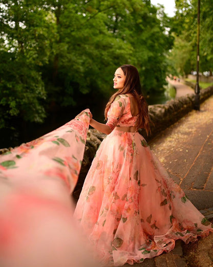 Peach Floral Printed Organza Lehenga For Festive Season