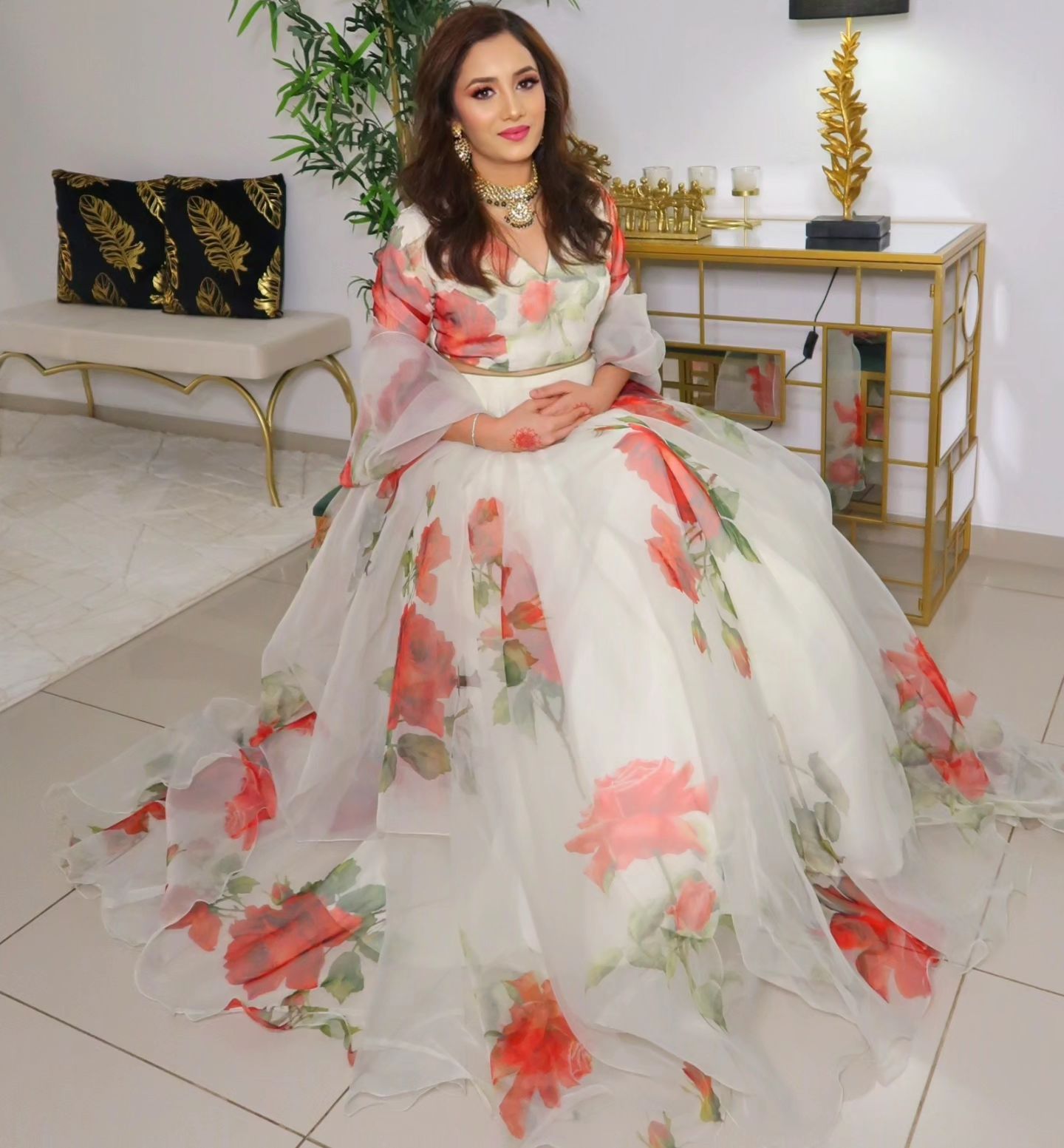 Designer White Organza Print Lehenga Choli