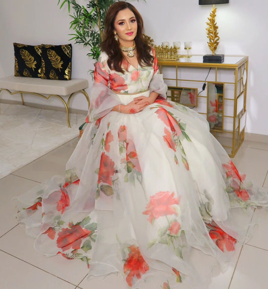 Designer White Organza Print Lehenga Choli