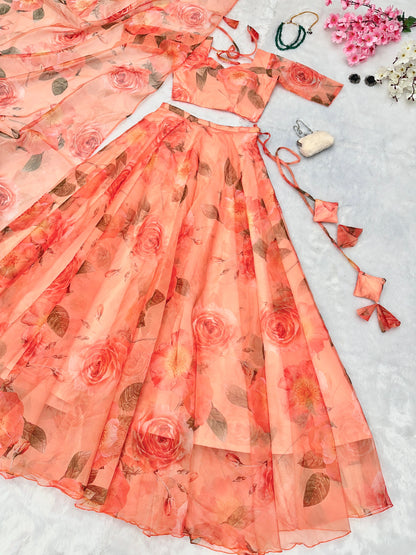 Peach Floral Printed Organza Lehenga For Festive Season