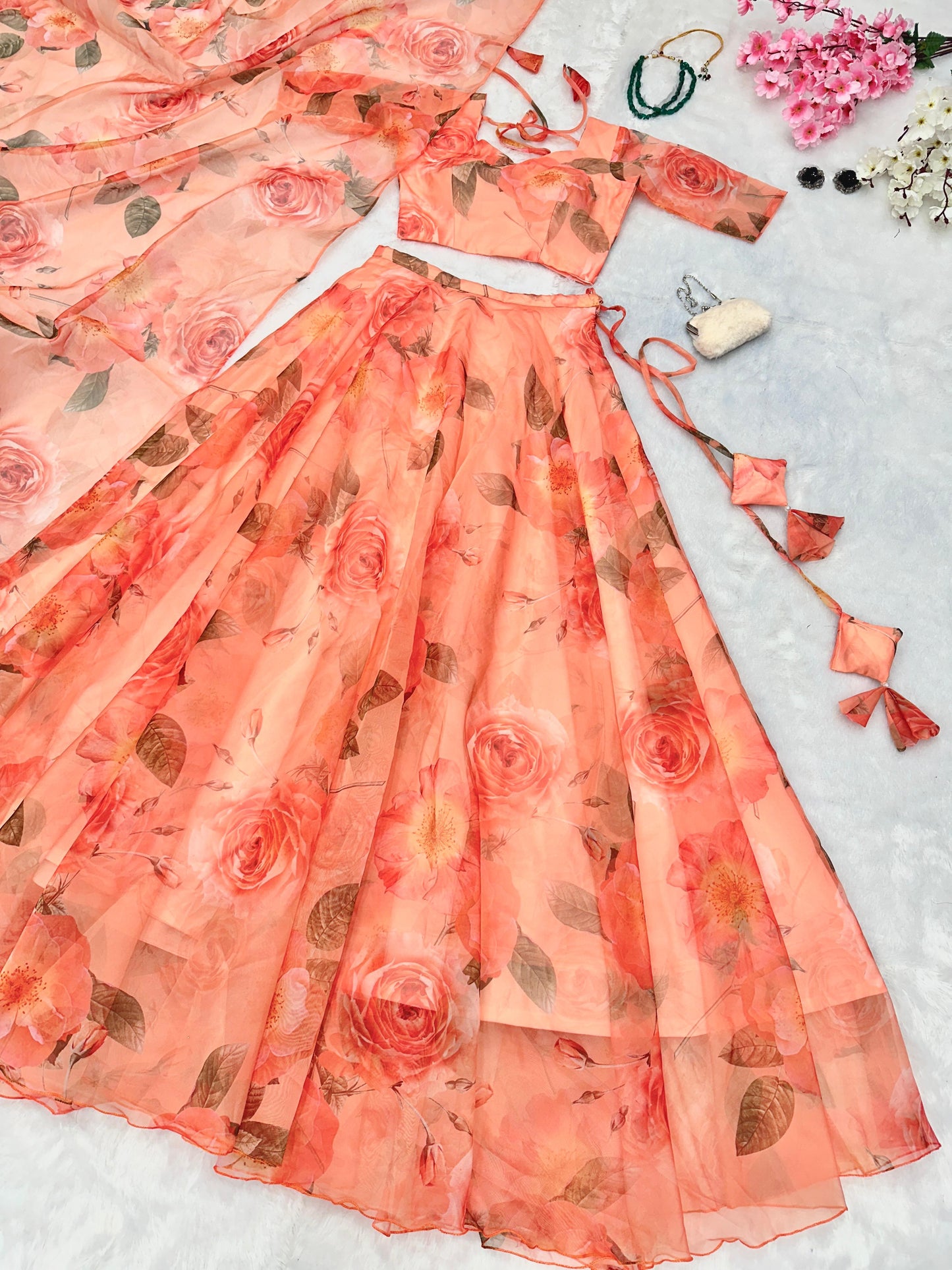 Peach Floral Printed Organza Lehenga For Festive Season