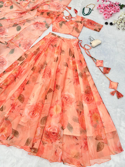 Peach Floral Printed Organza Lehenga For Festive Season