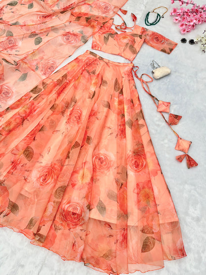 Peach Floral Printed Organza Lehenga For Festive Season