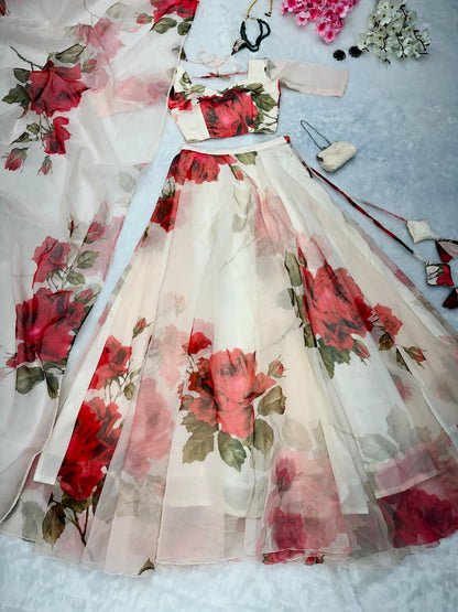 Designer White Organza Print Lehenga Choli