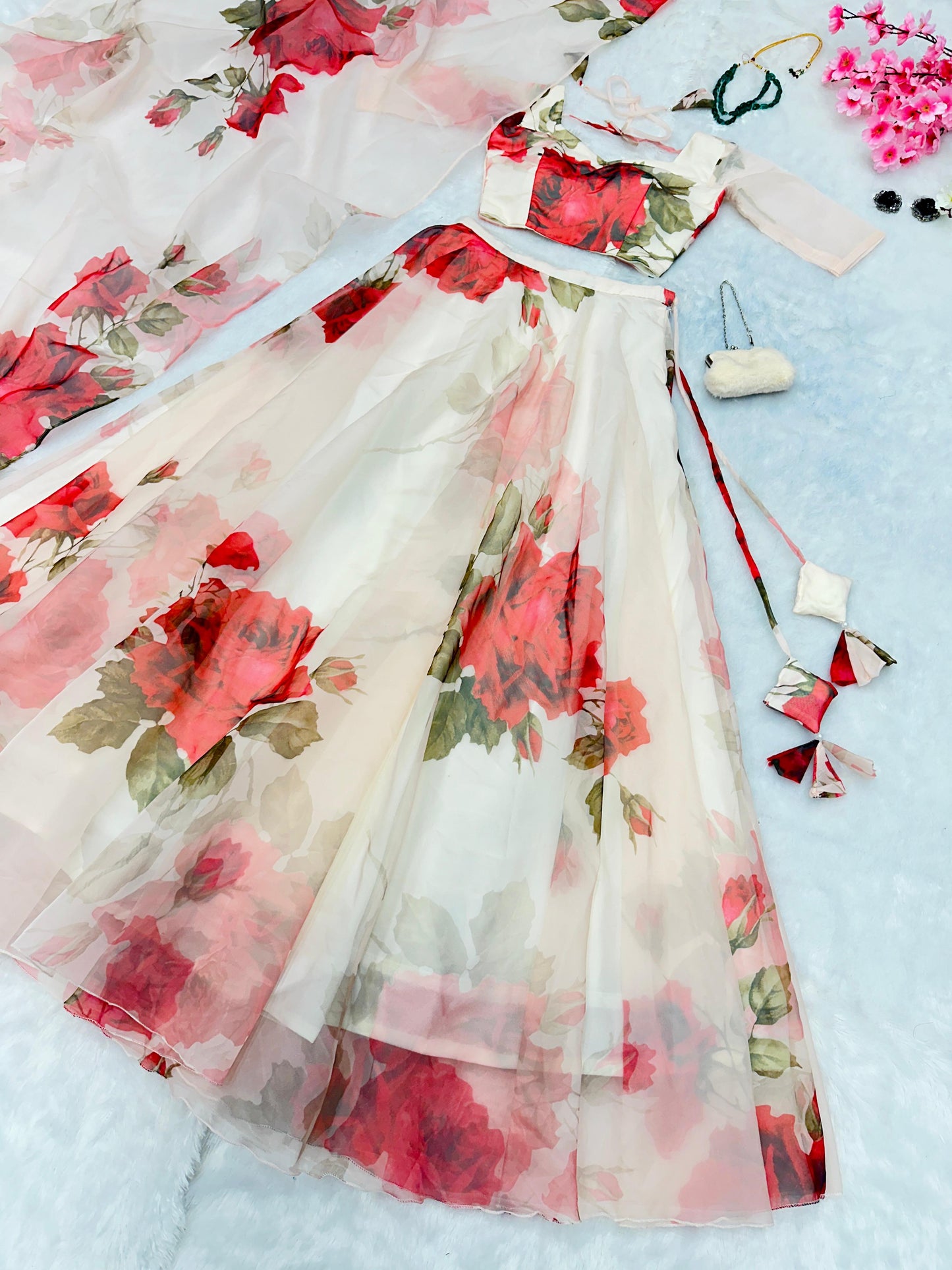 Designer White Organza Print Lehenga Choli