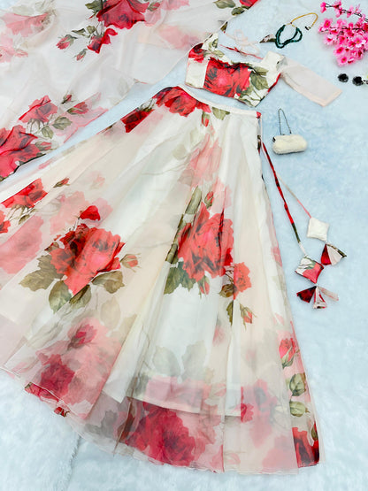 Designer White Organza Print Lehenga Choli