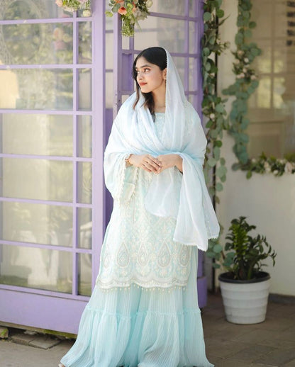 Sky Blue Embroidered Palazzo Suit Set