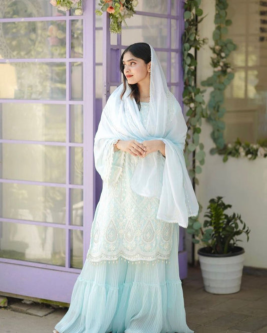 Sky Blue Embroidered Palazzo Suit Set