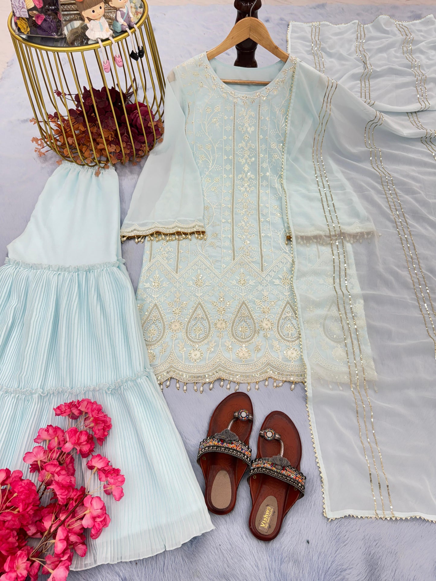 Sky Blue Embroidered Palazzo Suit Set