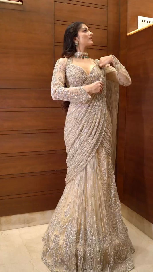 Butterfly Net Creame Embroidered Ready to Wear Saree