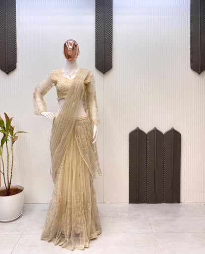 Butterfly Net Golden Embroidered Ready to Wear Saree