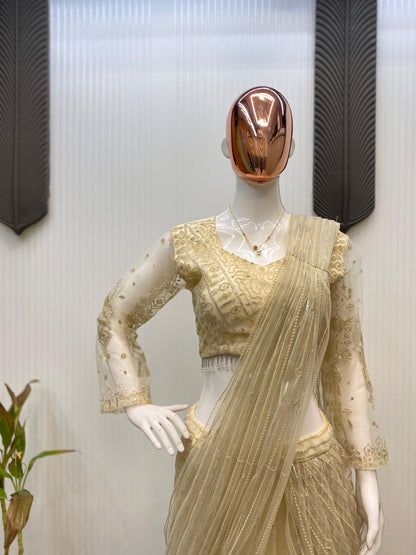 Butterfly Net Golden Embroidered Ready to Wear Saree