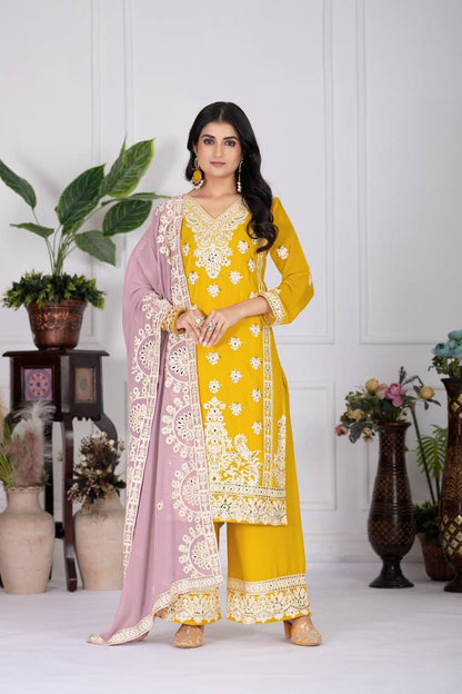 Heavy Faux Georgette Embroidered Suit with Palazzo & Dupatta