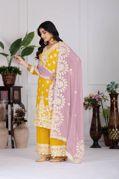 Heavy Faux Georgette Embroidered Suit with Palazzo & Dupatta