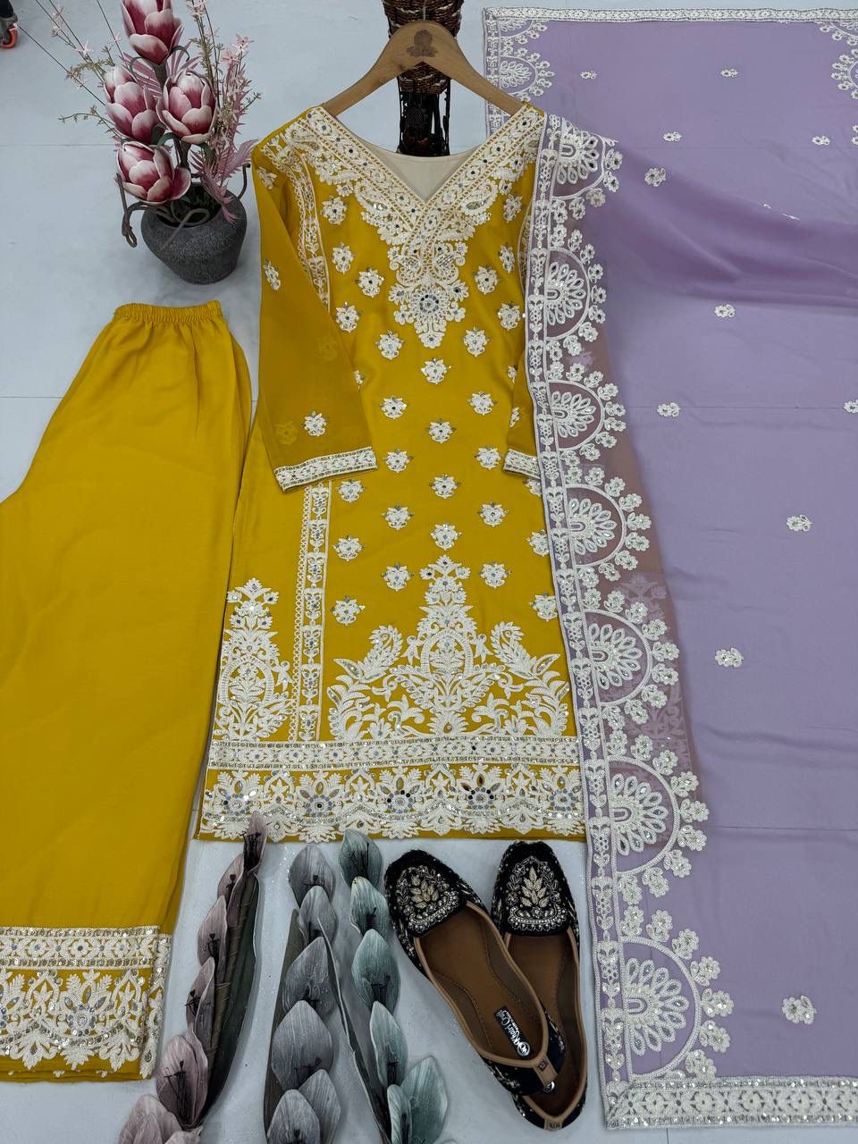 Heavy Faux Georgette Embroidered Suit with Palazzo & Dupatta