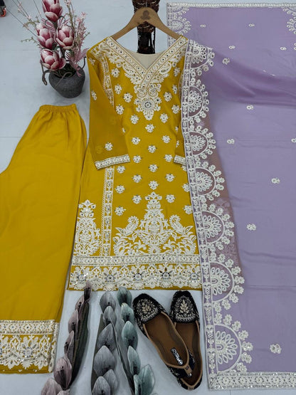 Heavy Faux Georgette Embroidered Suit with Palazzo & Dupatta