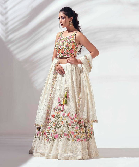 Elegant White Georgette Embroidered Festive Lehenga Choli