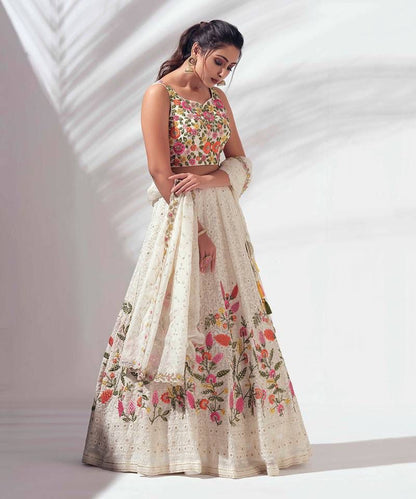 Elegant White Georgette Embroidered Festive Lehenga Choli