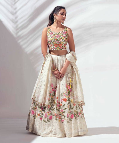 Elegant White Georgette Embroidered Festive Lehenga Choli