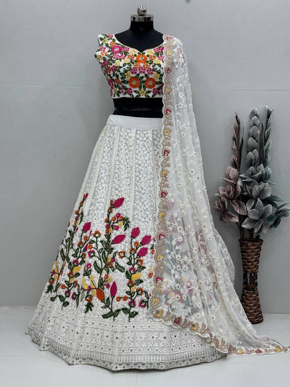 Elegant White Georgette Embroidered Festive Lehenga Choli