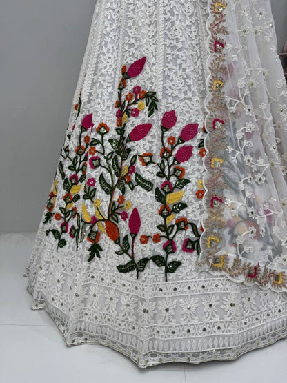 Elegant White Georgette Embroidered Festive Lehenga Choli