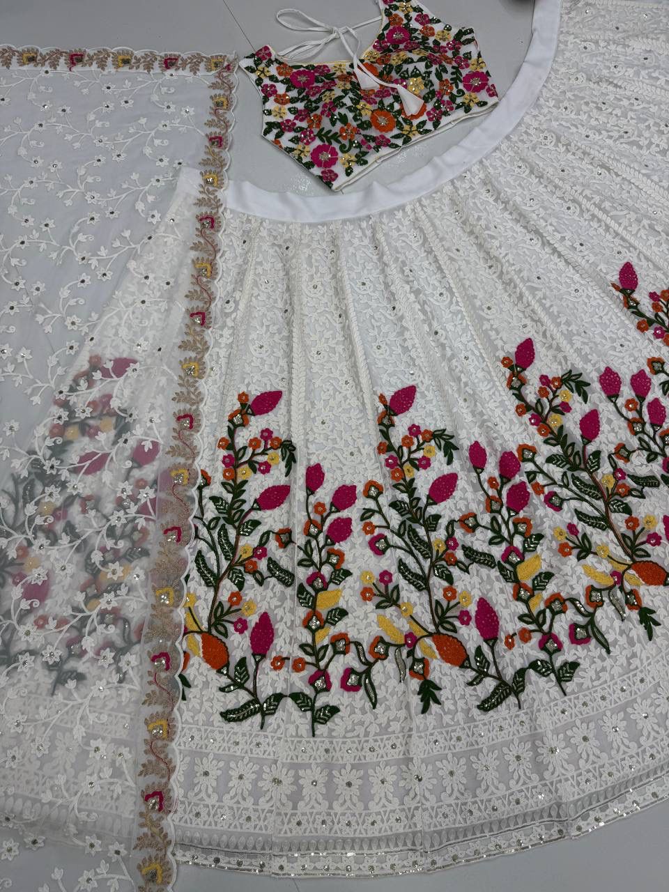 Elegant White Georgette Embroidered Festive Lehenga Choli