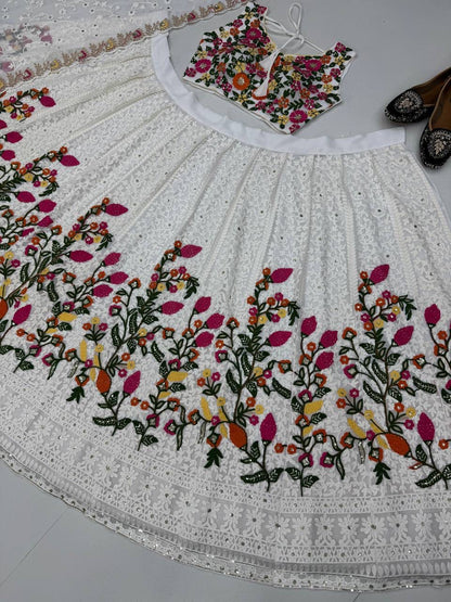 Elegant White Georgette Embroidered Festive Lehenga Choli