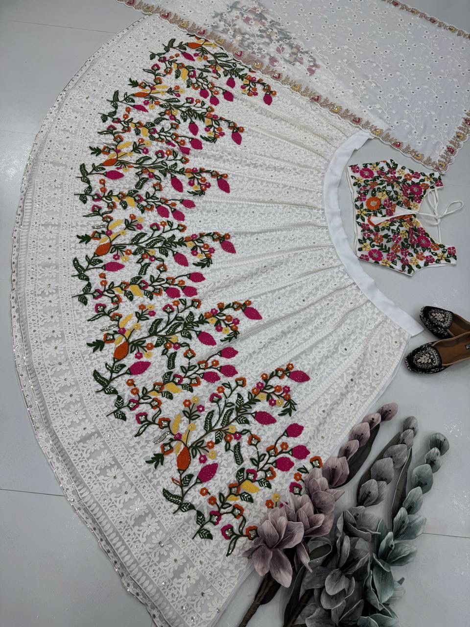 Elegant White Georgette Embroidered Festive Lehenga Choli