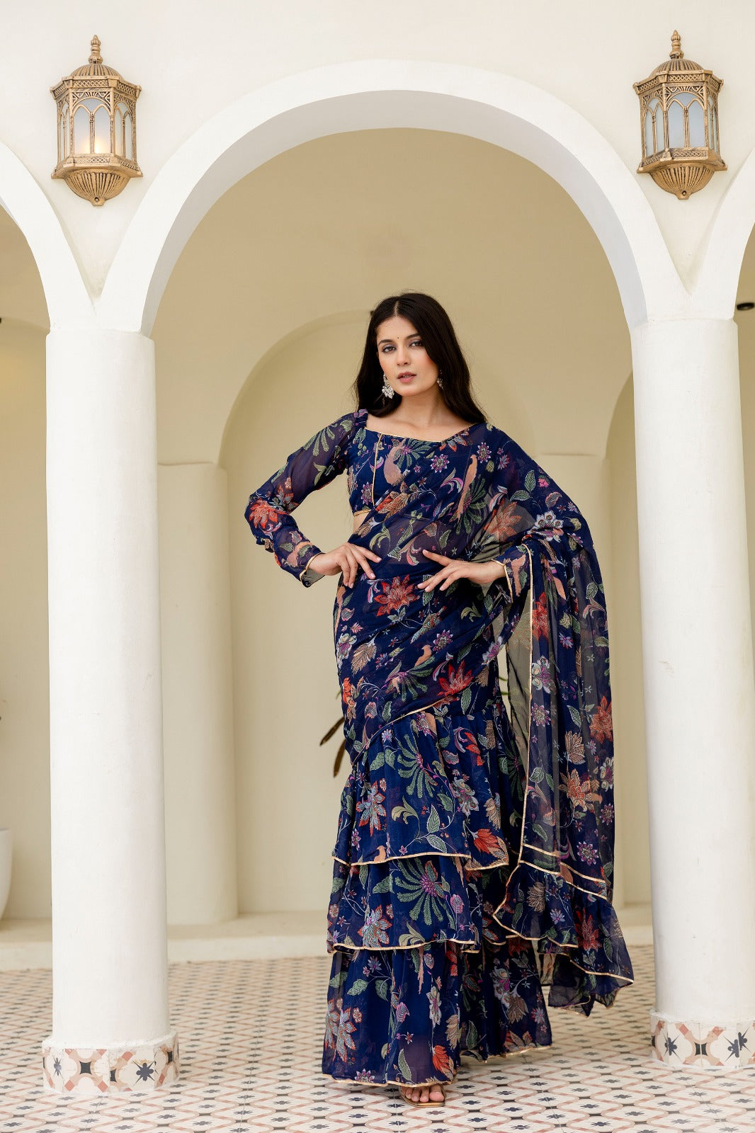 Blue Georgette Floral Digital Printed Ready to Wear Saree