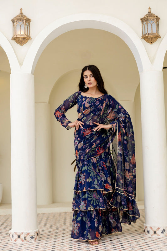 Blue Georgette Floral Digital Printed Ready to Wear Saree