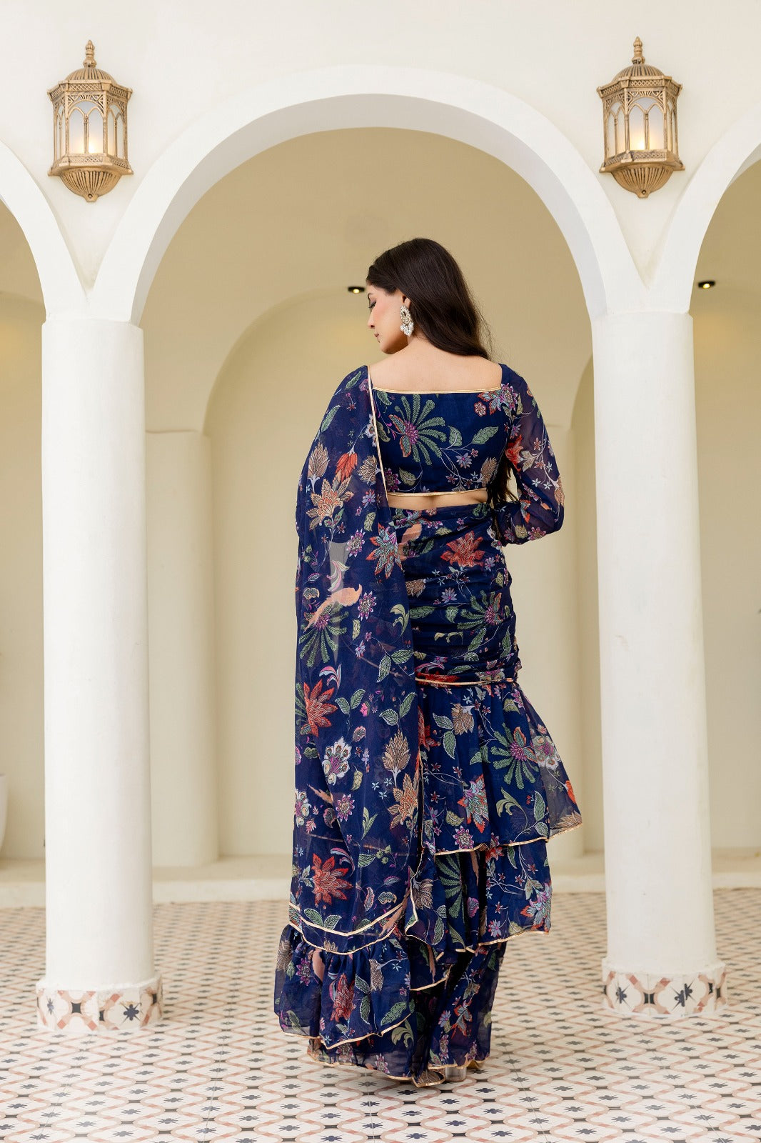 Blue Georgette Floral Digital Printed Ready to Wear Saree