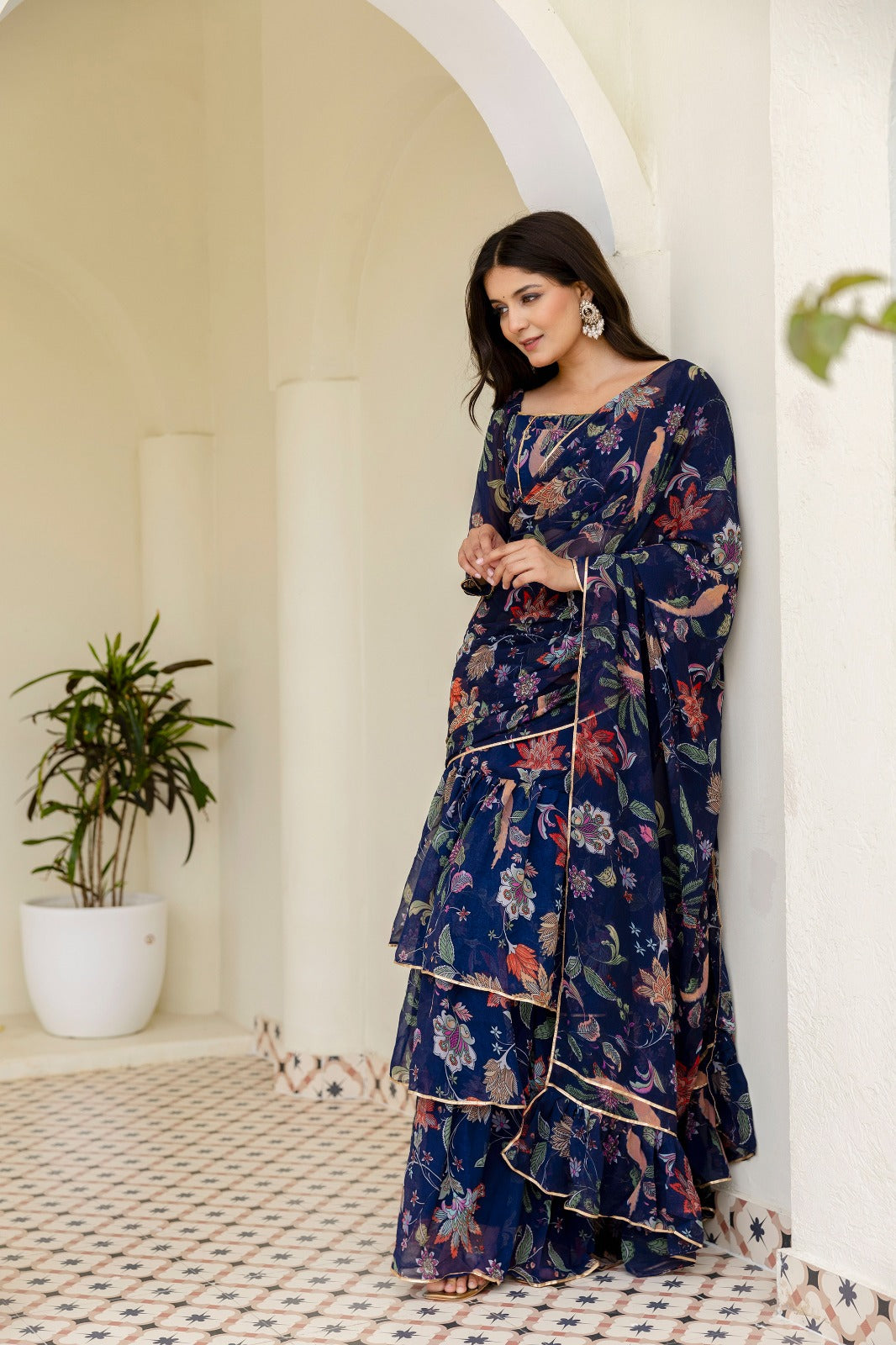 Blue Georgette Floral Digital Printed Ready to Wear Saree