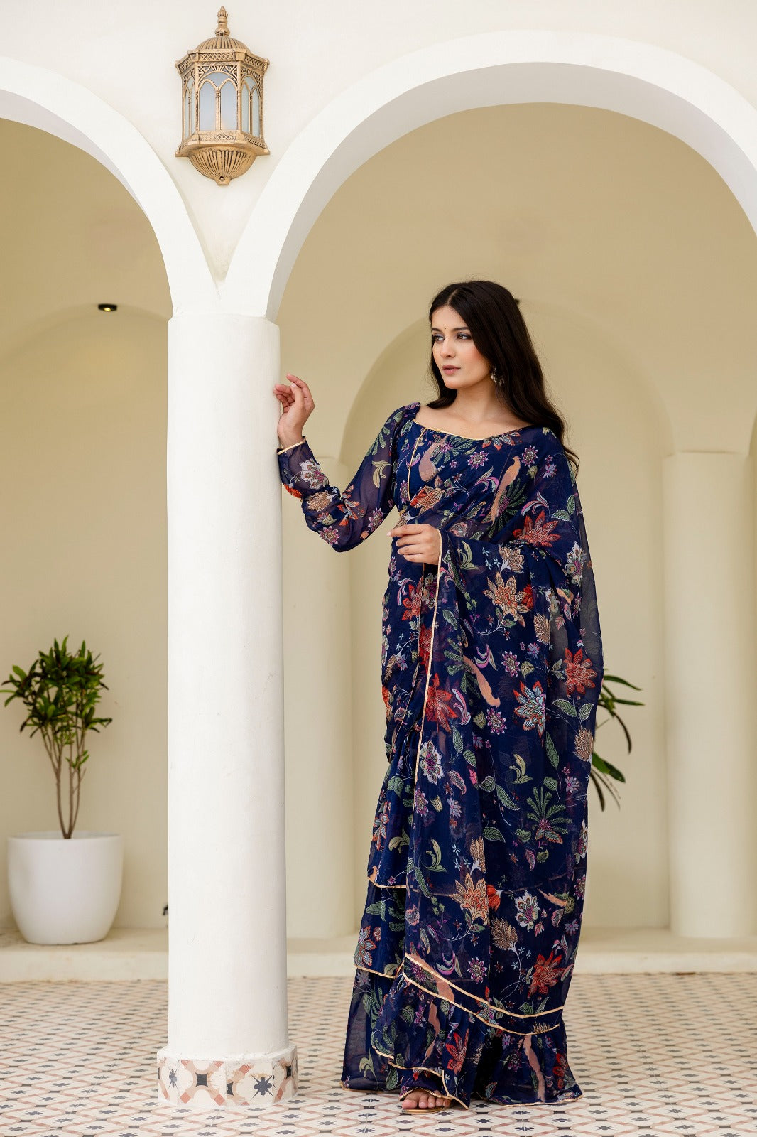 Blue Georgette Floral Digital Printed Ready to Wear Saree