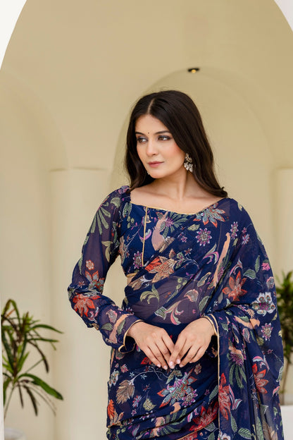 Blue Georgette Floral Digital Printed Ready to Wear Saree
