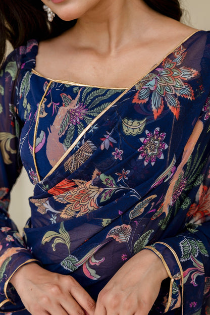 Blue Georgette Floral Digital Printed Ready to Wear Saree