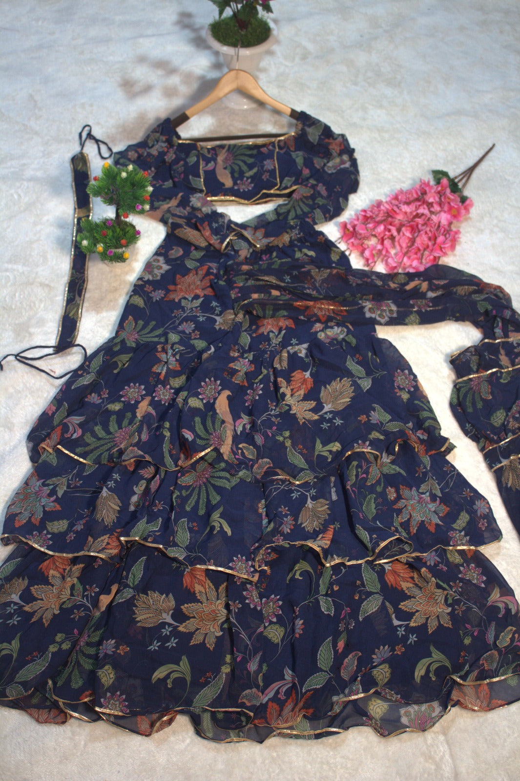 Blue Georgette Floral Digital Printed Ready to Wear Saree