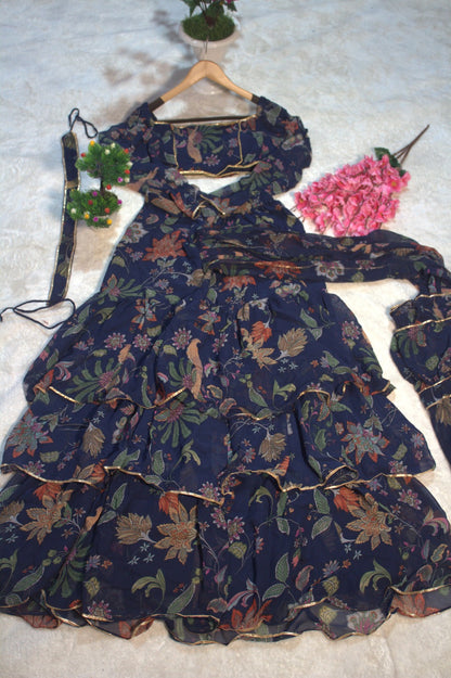 Blue Georgette Floral Digital Printed Ready to Wear Saree