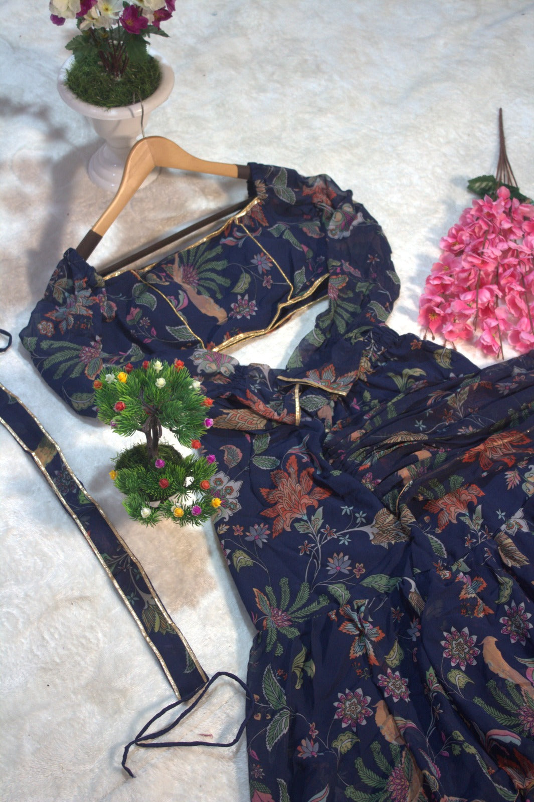 Blue Georgette Floral Digital Printed Ready to Wear Saree