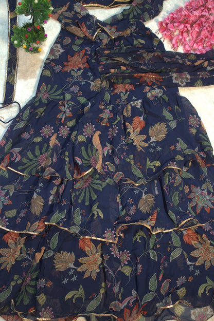 Blue Georgette Floral Digital Printed Ready to Wear Saree