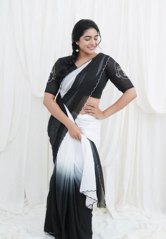 Plain Linen with Digital Print and Cut Work Border Saree