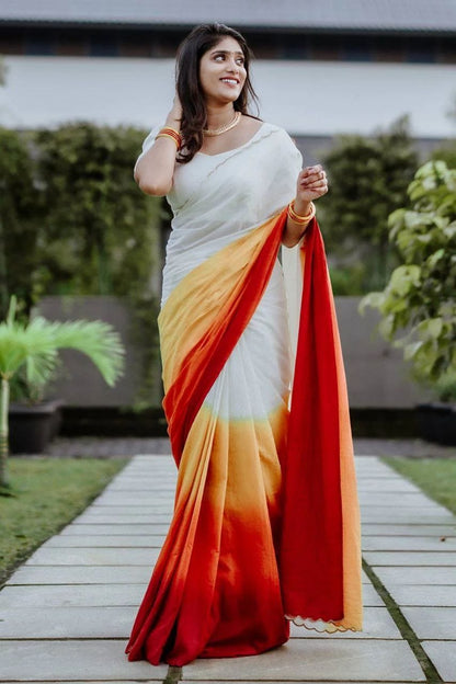 White Base Red And  Orange Shade Digital Print Saree