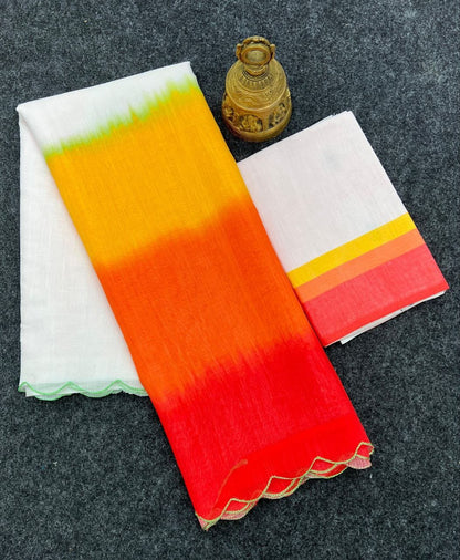 White Base Red And  Orange Shade Digital Print Saree