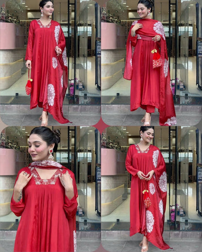 Blooming Red Rayon Cotton Party Wear Kurti Set